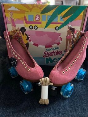 Moxi Malibu Barbie Pink Suede Roller Skate with Blue Wheels - Strawberry Pink 7
